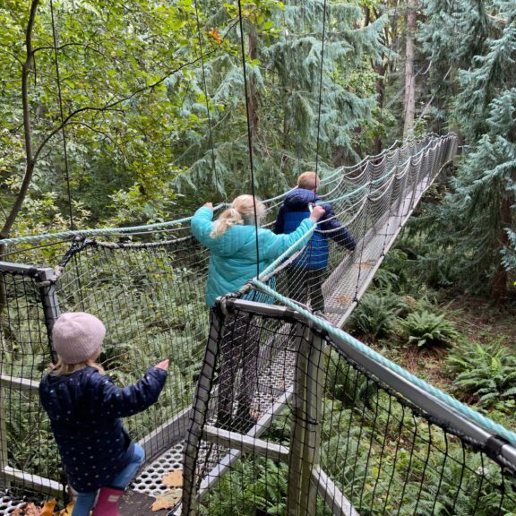 Ninos cruzan puente colgante en el bosque